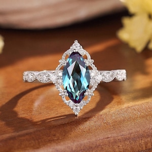 Vintage Marquise Alexandrite Engagement Ring Delicate Diamond Halo Milgrain Wedding Ring Platinum Color Changing Alexandrite Promise Ring
