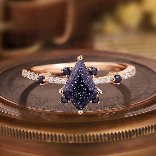 Kite cut blue sandstone engagement ring Orion Blue Sandstone Bridal Promise Ring 14k rose gold vintage wedding ring for women gifts for her