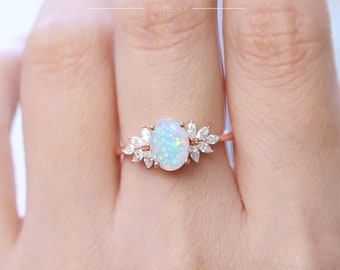 Vintage Oval Weiß Feueropal Verlobungsring Zierliche Marquise Diamant Ehering 14k Weißgold Feueropal Versprechen Ring Bestes Geschenk für Frau