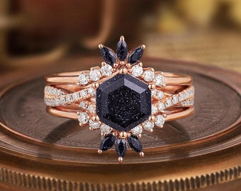 3 stks Orion blauwe zandsteen trouwring Vintage galaxy zandsteen verlovingsring set roségouden twist Moissaniet bruids belofte ring set geschenken