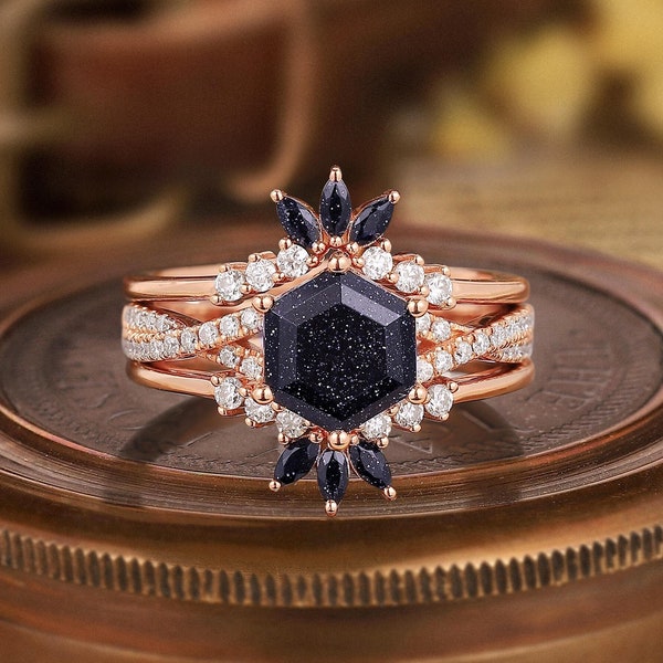 3PCS Orion Blue Sandstone Wedding Ring Vintage Galaxy Blue Sandstone Engagement Ring Set Rose Gold Twist Moissanite Bridal Promise Ring Set