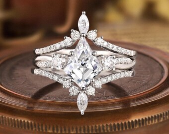 Vintage Kite Cut Moissanite Bridal Ring Set Dainty Double Diamond Halo Curved Engagement Ring Set 14k White Gold Promise Ring Gift for Wife