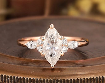 Dainty Marquise Cut Moissanite Engagement Ring Rose Gold Promise Ring for Women With Side Stones Vintage Marquise Cut Diamond Wedding Ring