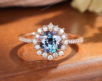 Round cut Alexandrite wedding ring Vintage 14k rose gold engagement wedding ring Unique promise proposal ring for her Anniversary gift ring