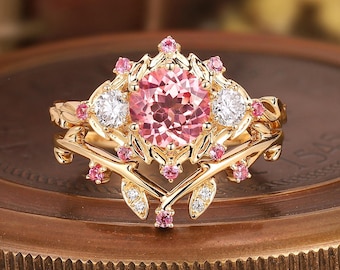 Nature inspired Round Cut Pink Sapphire Twig Engagement Ring Set Dainty Pink Sapphire and Diamond Leaf Wedding Ring 18kGold Anniversary Ring