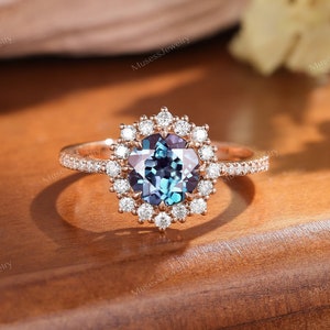 Round cut Alexandrite wedding ring Vintage 14k rose gold engagement wedding ring Unique promise proposal ring for her Anniversary gift ring