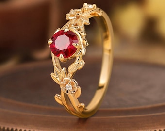 Vintage Round Cut Ruby Engagement Ring Nature Inspired Branch Leaf Wedding Ring 14k Gold Birth Flower Bridal Promise Ring Rings for Women