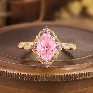 Vintage Fireworks Cut Pink Sapphire Engagement Ring 14k Gold Pink Tourmaline Halo Bridal Wedding Ring Custom Promise Anniversary Ring Gift