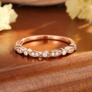 Vintage moissanite diamond milgrain wedding band Unique 14k rose gold band Unique engagement bridal rings Anniversary matching band for her