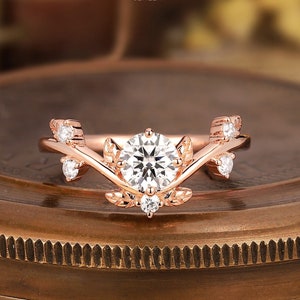 Nature Inspired Round Moissanite Leaf Wedding Ring Delicate Rose Gold Branch Diamond Engagement Ring Unique Moissanite Cluster Promise Ring