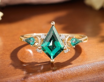 vintage jade emerald moon art deco wedding ring dainty kite shape emerald engagement ring kite cut emerald proposal ring anniversary gift