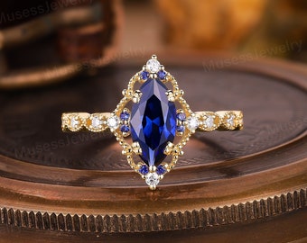 Vintage sapphire wedding ring Marquise cut sapphire engagement ring Unique Filigree Art Deco sapphire bridal promise ring love ring for wife