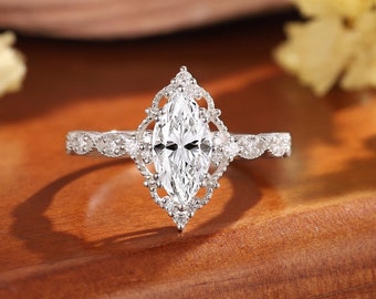 Vintage Marquise Cut Diamond Engagement Ring Personalized 14K White Gold Bridal Wedding Ring Unique Marquise Promise Ring Anniversary Gift