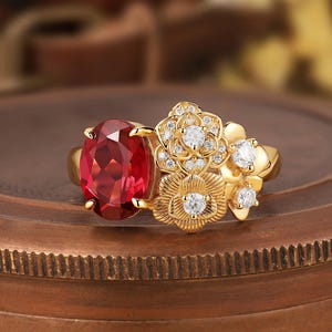 Anillo de compromiso de oro de 14k con rubí de talla ovalada, anillo de boda para mujer inspirado en flores, anillo de promesa Art Déco, anillo de aniversario hecho a mano, regalo para ella.