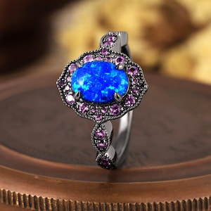 Gothic Blue Fire Opal Engagement Ring Black Gold Amethyst Cluster Filigree Wedding Ring Oval Cut Opal Bridal Promise Ring Personalized Gift