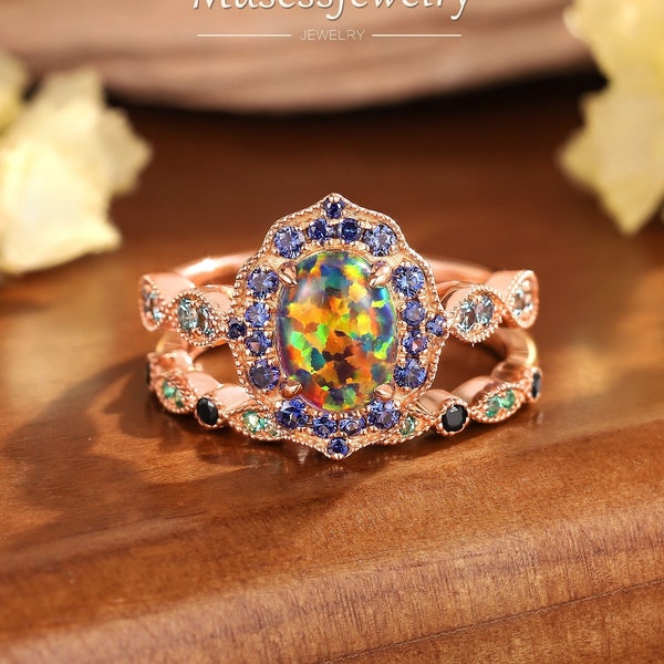 Oval Black opal engagement ring set Rose gold Fire Opal Ring Vintage Sapphire Halo Ring Bridal promise ring set Gift for wife Women Ring Set