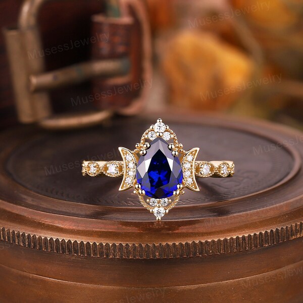 Vintage pear cut sapphire engagement ring Unique Moon Art Deco sapphire Wedding Ring 14kGold sapphire bridal ring September birthstone ring