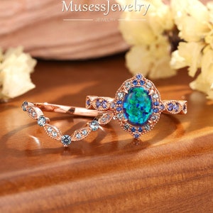 Antique Oval Cut Blue Fire Opal Engagement Ring Set Dainty Alexandrite Wedding Ring Set Rose Gold Sapphire Halo Promise Ring Gift for Wife