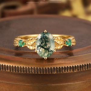 Oval Green Moss Agate Promise Ring 14k Gold Emerald Leaf Engagement Ring Natural Moss Agate Wedding Ring Vintage Anniversary Gift for Women