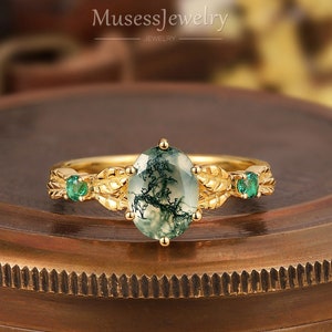 Anel de compromisso oval de ágata musgo verde, anel de noivado com folha de esmeralda em ouro 14k, anel de casamento de ágata musgo natural, presente de aniversário vintage para mulheres