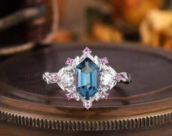 Anillo de compromiso de topacio azul hexagonal de oro blanco de 14k, anillo de boda de ramo de racimo de zafiro rosa, anillo de propuesta de hoja de moissanita, regalo para esposa