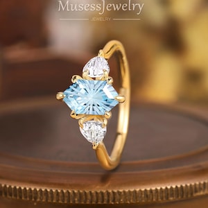 Unique Hexagon Cut Aquamarine Engagement Ring 14K Solid Gold Three Stone Ring Minimalist Firework Cut Aquamarine Wedding Ring Gift for Wife