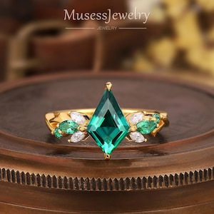 Anel de noivado vintage com galho de esmeralda e corte de pipa, anel de casamento exclusivo com esmeralda e jade para mulheres, anel de compromisso em ouro maciço 14K, presente para esposa