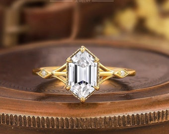 14k Gold Hexagon Cut Moissanite Engagement Ring Minimalist Hexagon Diamond Wedding Ring for Women Solitaire Bridal promise Ring Gift for Her