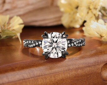 Gothic moissanite stackable black gold engagement ring Vintage statement wedding ring Unique 14k gold bridal ring Anniversary Gift for her