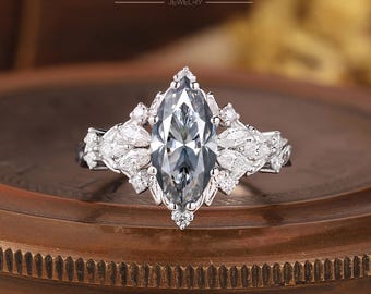 Marquise Cut Silver Moissanite Leaf Engagement Ring Nature Inspired Diamond Cluster Fairytale Wedding Ring Anniversary Promise Gift for Her