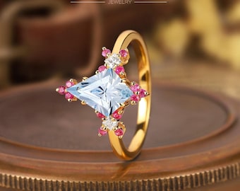 Kite Cue Aquamarine Fairy Engagement Ring Personalized 14K Solid Gold Ruby Cluster Wedding Ring March Birthstone Ring Promise Gift for Her