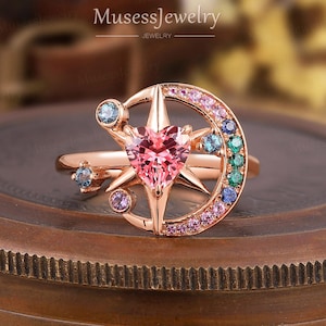 Unique Heart Pink Sapphire Engagement Ring 14K Rose Gold Crescent Women&#39;s Wedding Ring Star Sapphire Promise Ring Anniversary Gift for Wife