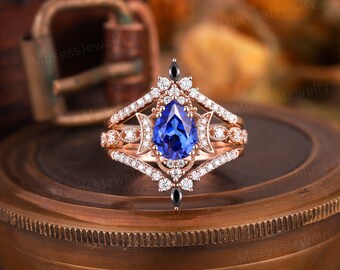 Vintage pear Sapphire Enhanced Set Engagement Ring 2PCS Moon Art Deco Sapphire Wedding Ring Set Unique 14k Rose Gold Bridal Promise Ring Set