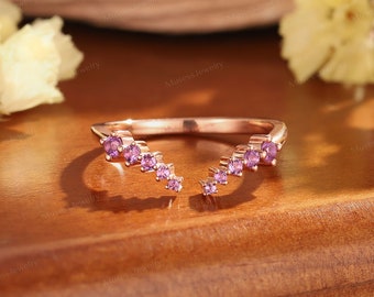 Vintage pink sapphire wedding ring open stacking 14K Rose gold bridal wedding ring anniversary gift  sapphire ring  sapphire bouquet ring