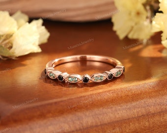 Vintage emerald & black agate thin ring Unique 14k rose gold stackable wedding band Unique statement engagement bridal Matching band for her