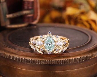 Ensemble de bague de fiançailles en moissanite ovale vert vintage, bague de fiançailles en or 14 carats, bague unique en forme de feuille de saphir naturel, bague de mariage nuptiale