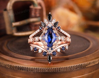 Vintage Marquise Blue Sapphire Engagement Ring Enhanced Set Unique Double Curved Moissanite Halo Wedding Ring Set Custom Promise Ring Set