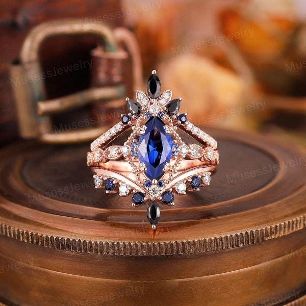 Vintage Marquise Blue Sapphire Engagement Ring Enhanced Set Unique Double Curved Moissanite Halo Wedding Ring Set Custom Promise Ring Set