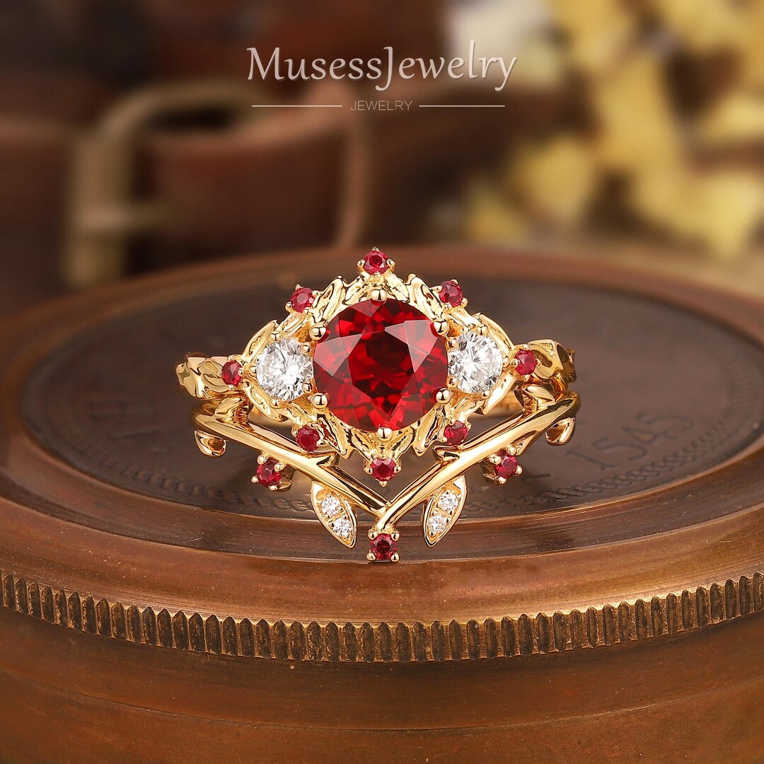 Vintage Round Cut Lab-ruby Bridal Promise Ring Set 18kgold Ruby and ...