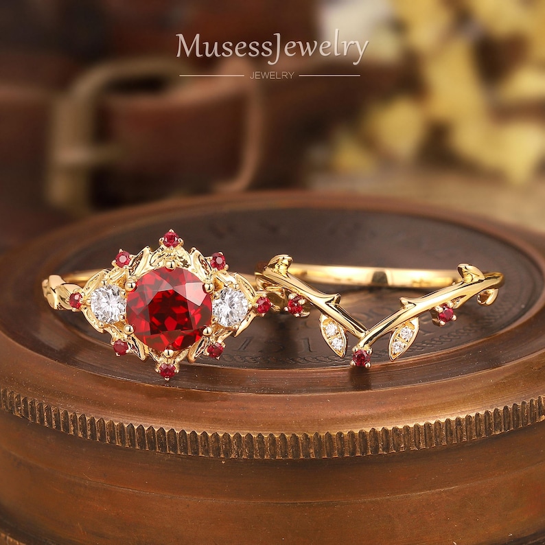 Vintage Round Cut Lab-ruby Bridal Promise Ring Set 18kgold Ruby and ...