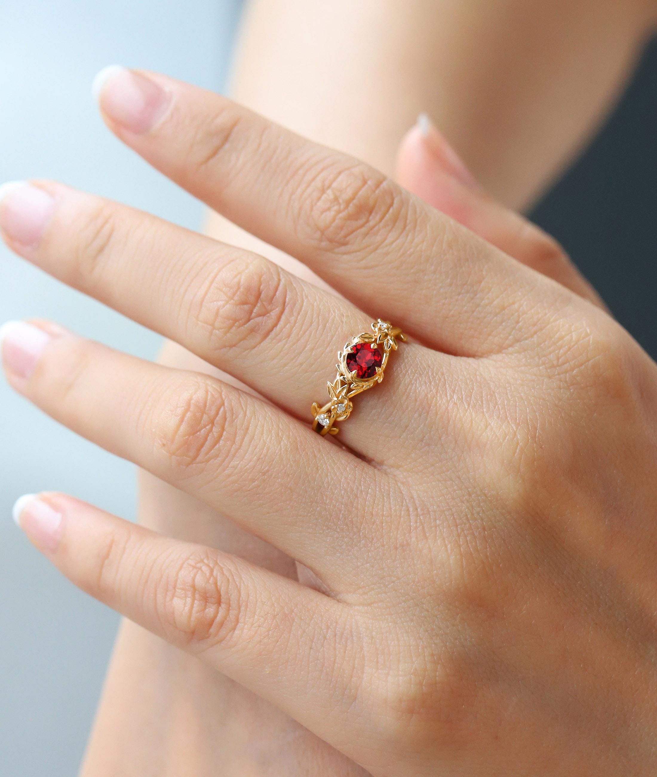 Vintage Round Cut Ruby Engagement Ring Nature Inspired Branch Leaf ...