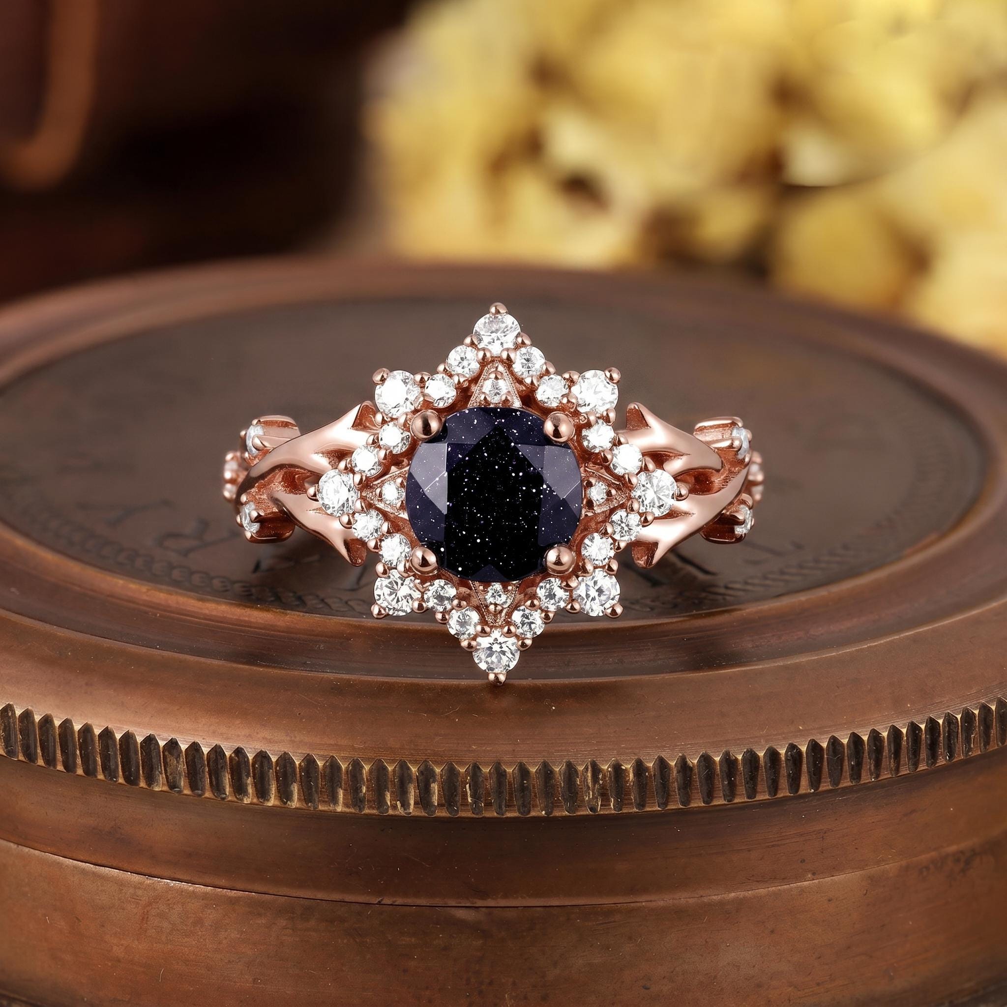 Gothic Blue Sandstone Engagement Ring Black Witch Galaxy Bridal