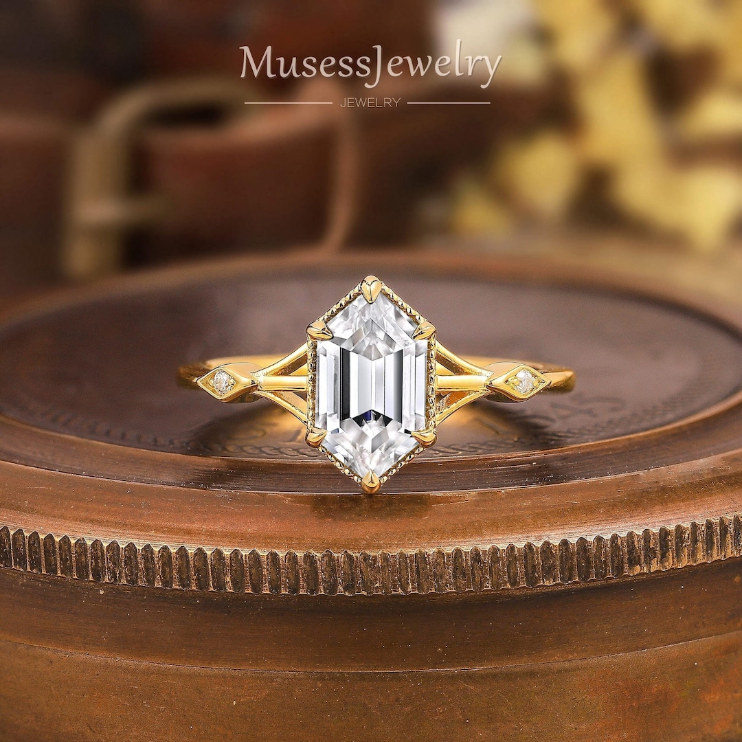 14k Gold Hexagon Cut Moissanite Engagement Ring Minimalist Hexagon