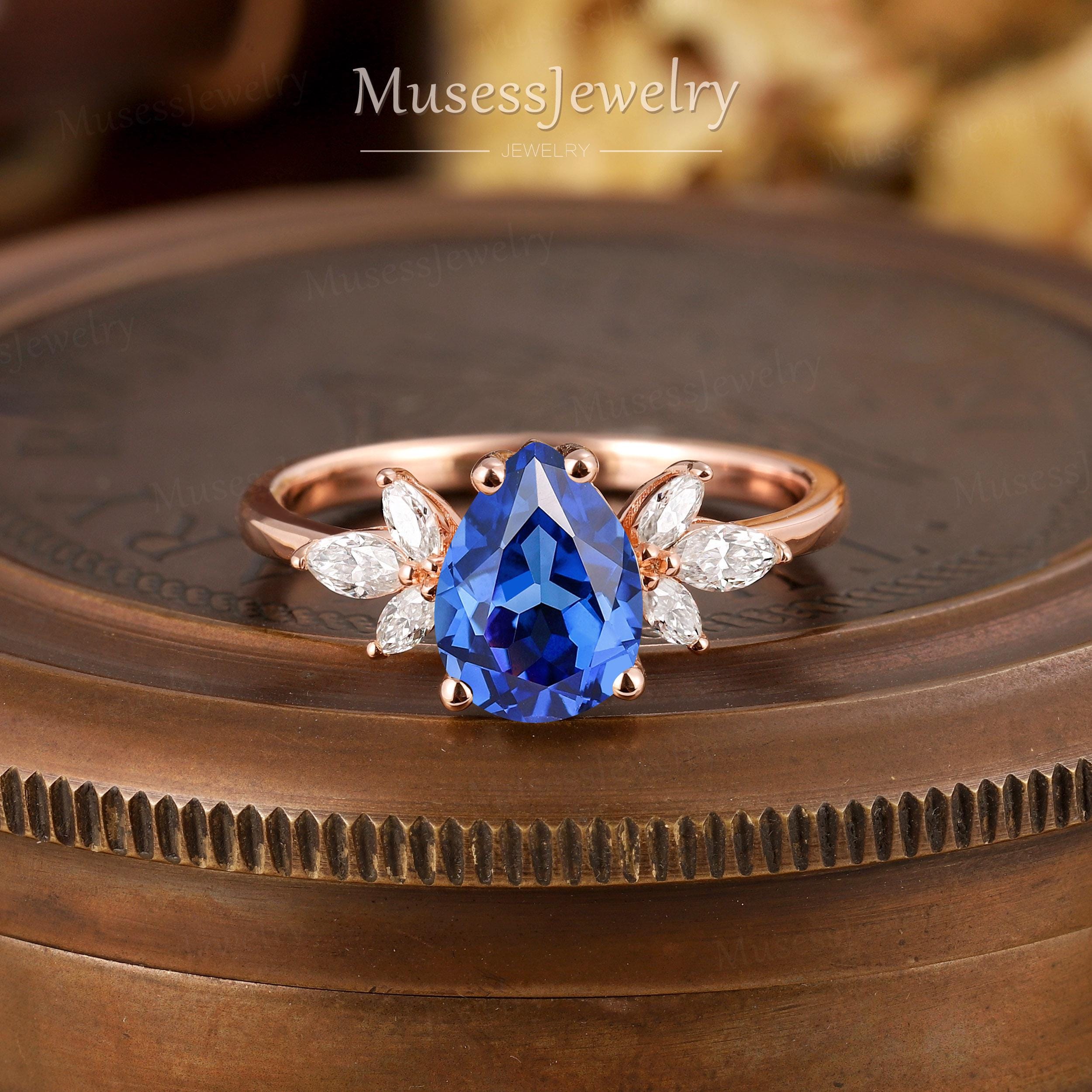 Pear Shaped Sapphire Engagement Ring Cluster Moissanite Promise Ring Rose Gold Bridal Wedding Ring Handmade Jewelry Anniversary Gift for Her