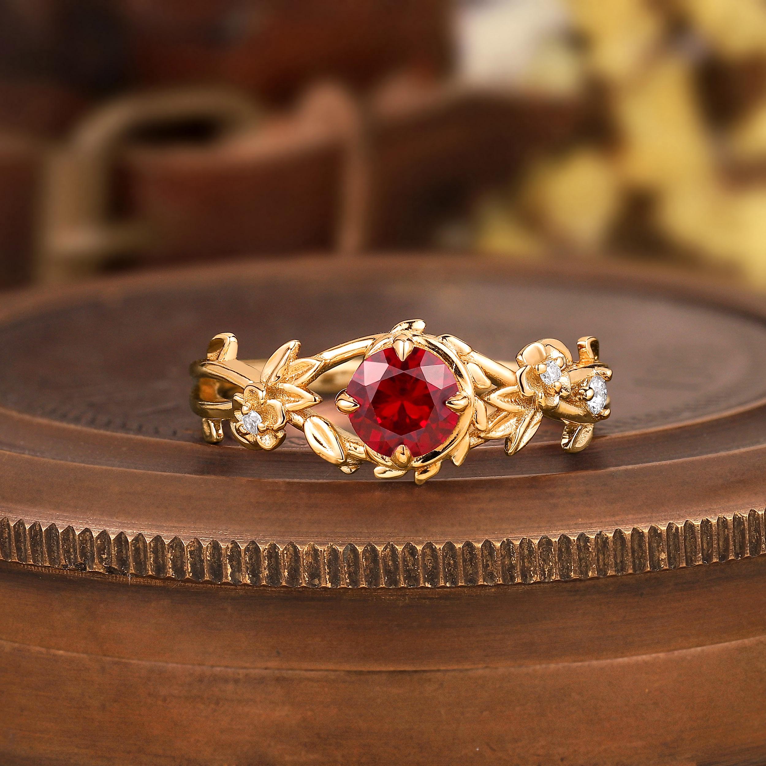 Vintage Round Cut Ruby Engagement Ring Nature Inspired Branch Leaf ...