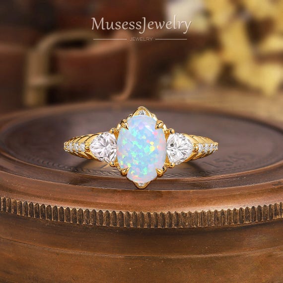 Vintage Oval White Fire Opal Engagement Ring 14k Yellow Gold