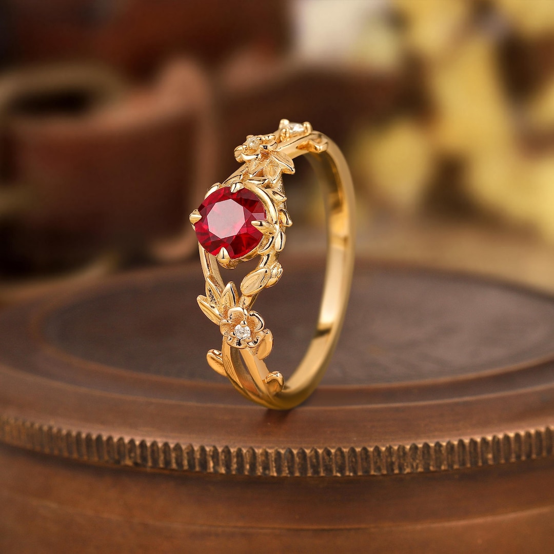 Vintage Round Cut Ruby Engagement Ring Nature Inspired Branch Leaf ...
