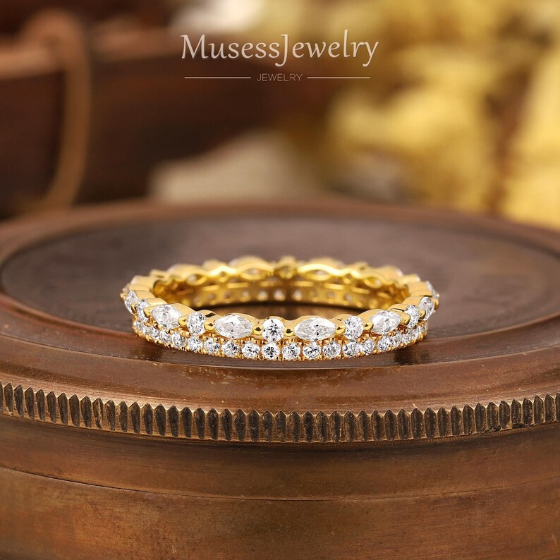 Floating Marquise Moissanite Wedding Ring 14k Solid Gold Wedding Band ...