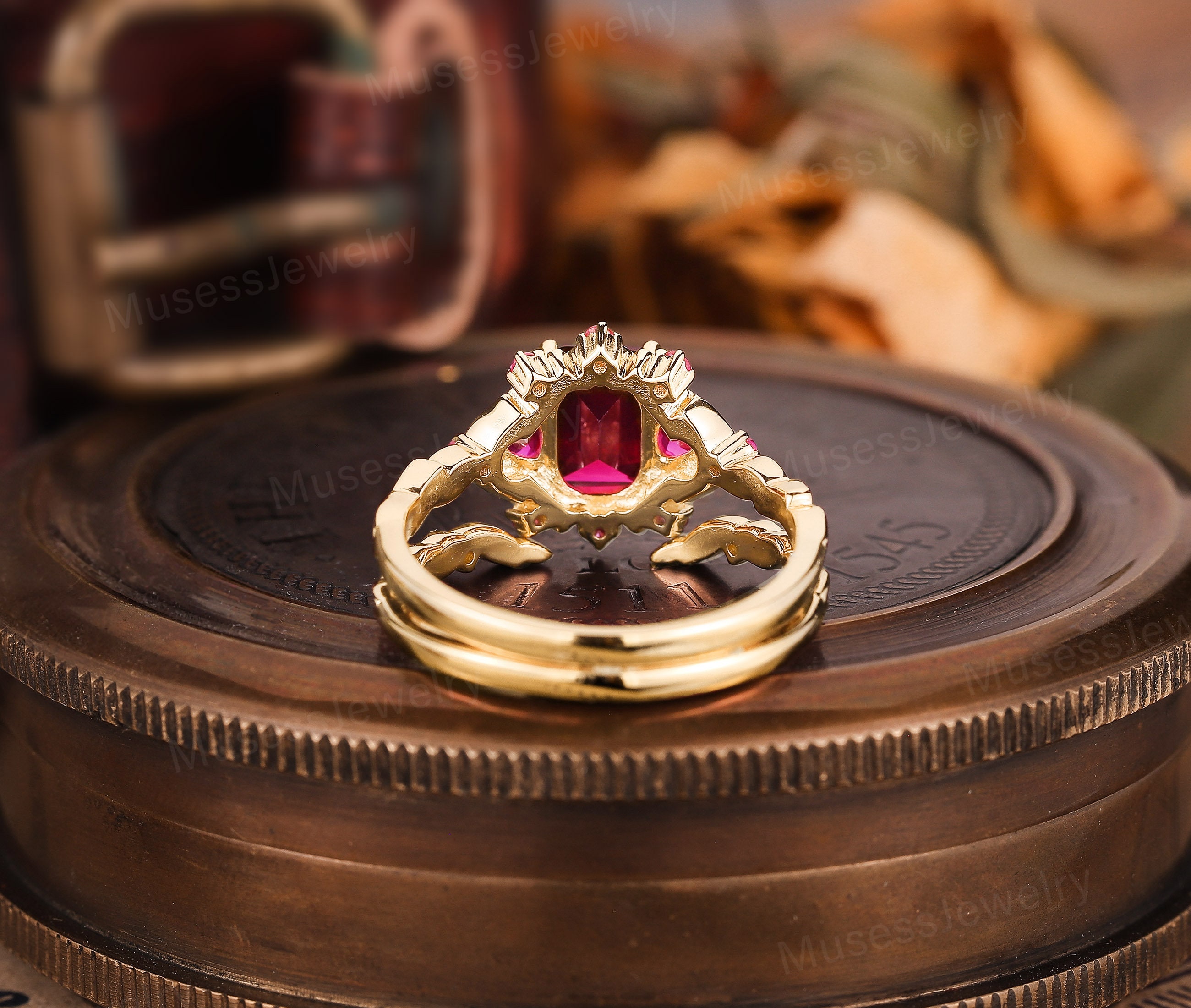 Vintage Emerald Cut Ruby Promise Ring Set Nature Inspired Ruby 18k Gold ...