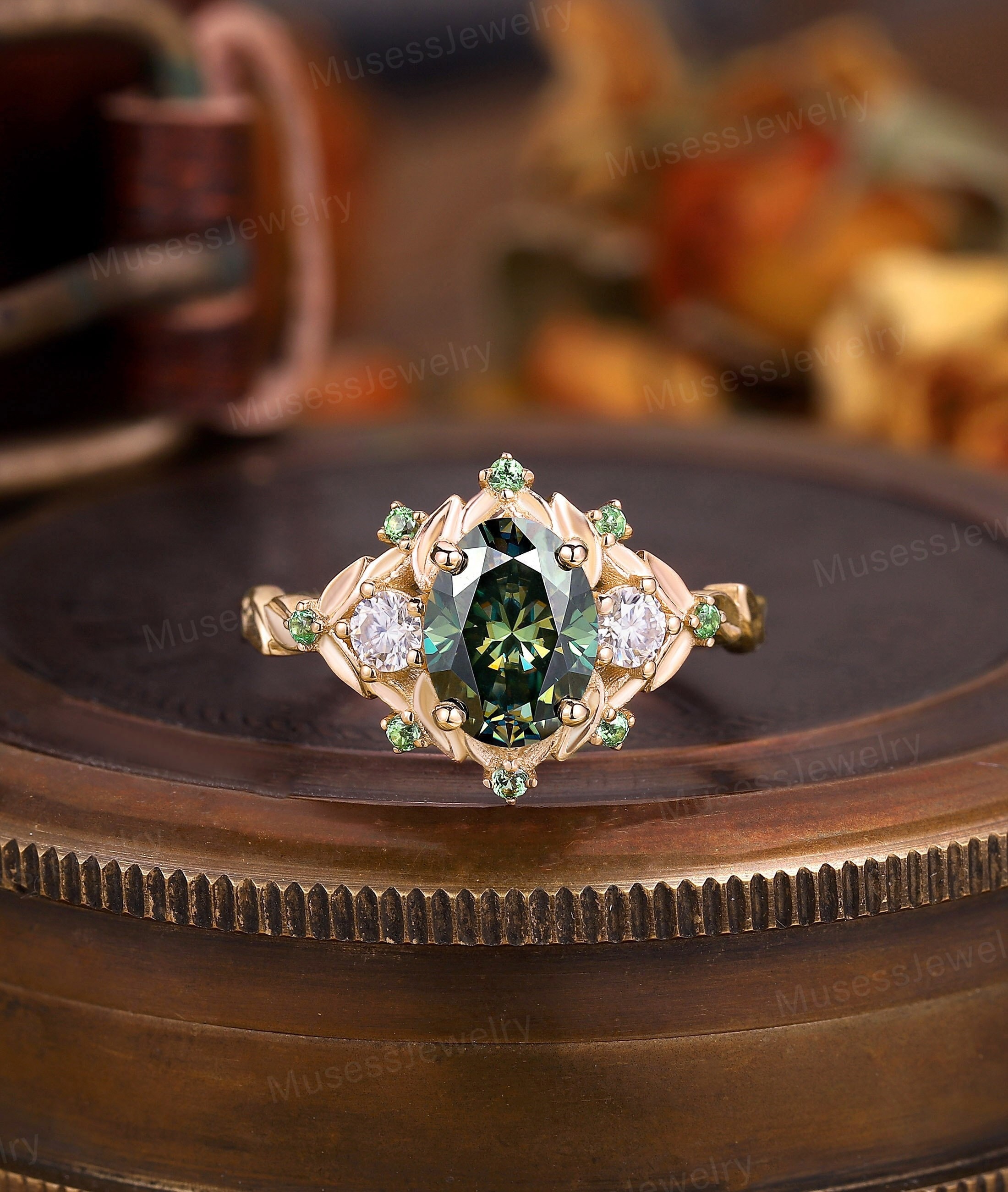 Oval green moissanite and natural tsavorite engagement ring Vintage three stone 14k rose gold ring Bridal wedding ring proposal promise ring